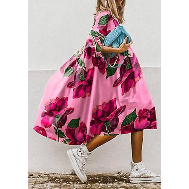 Vestido de fiesta holgado con cuello redondo para mujer, vestido informal de media manga con estampado Floral para mujer, ropa de calle sencilla y dulce, 2022 LingWen 9024715728616