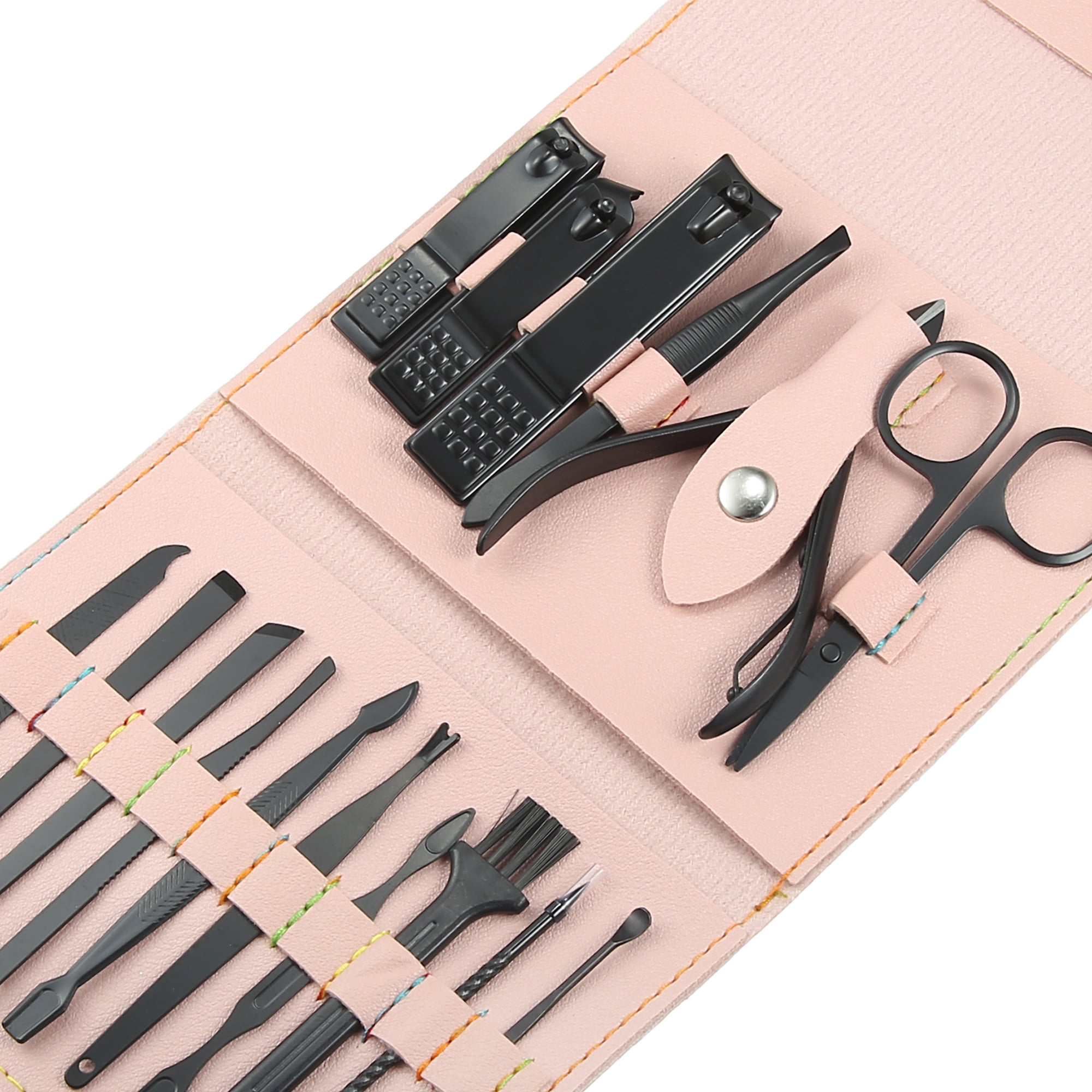 Unique Bargains 16 pcs Manicure Set with Pink PU Case Personal Care Stainless Steel Black