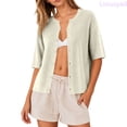 thumbnail image 2 of Lixiuxyad ‌Women's Crew Neck Ribbed Knit Cardigan Short Sleeve Open-Front Button-Up Cardigan,Beige, 2 of 6