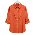 thumbnail image 5 of Dazajoo Button Up Casual Long Sleeve Shirt Women Casual Front Pleated Solid Collared Blouses Summer Vacation Beach Outfits,Orange,M, 5 of 7