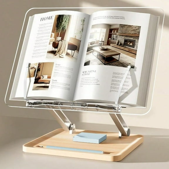 Adjustable Acrylic Book Stand for Reading Book Holder with Pen Slot Foldable Desktop Riser for Laptop Recipe Textbook HandsFree Cookbook Stand Clea with Page Clips