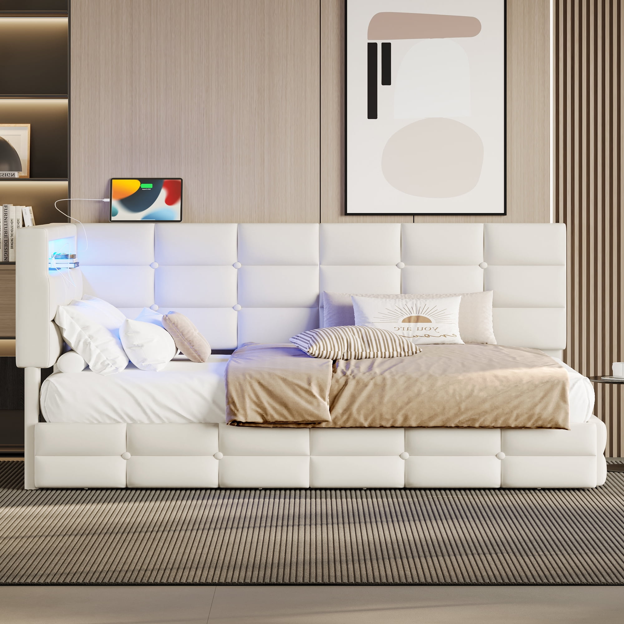 Euroco Upholstered Twin Size Daybed with Storage Headboard and Drawers, Sofa Bed with LED Light and USB Charging, Beige