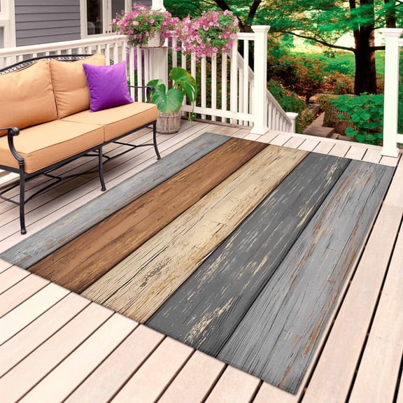 Farmhouse Haze Blue Brown Outdoor Rug 3x5 Ft, Non Slip Washable Area Rug, Vintage Wooden Striped Patio Rugs Carpet Runner, Large Floor Mat for Indoor/Outdoor Deck Porch Camping