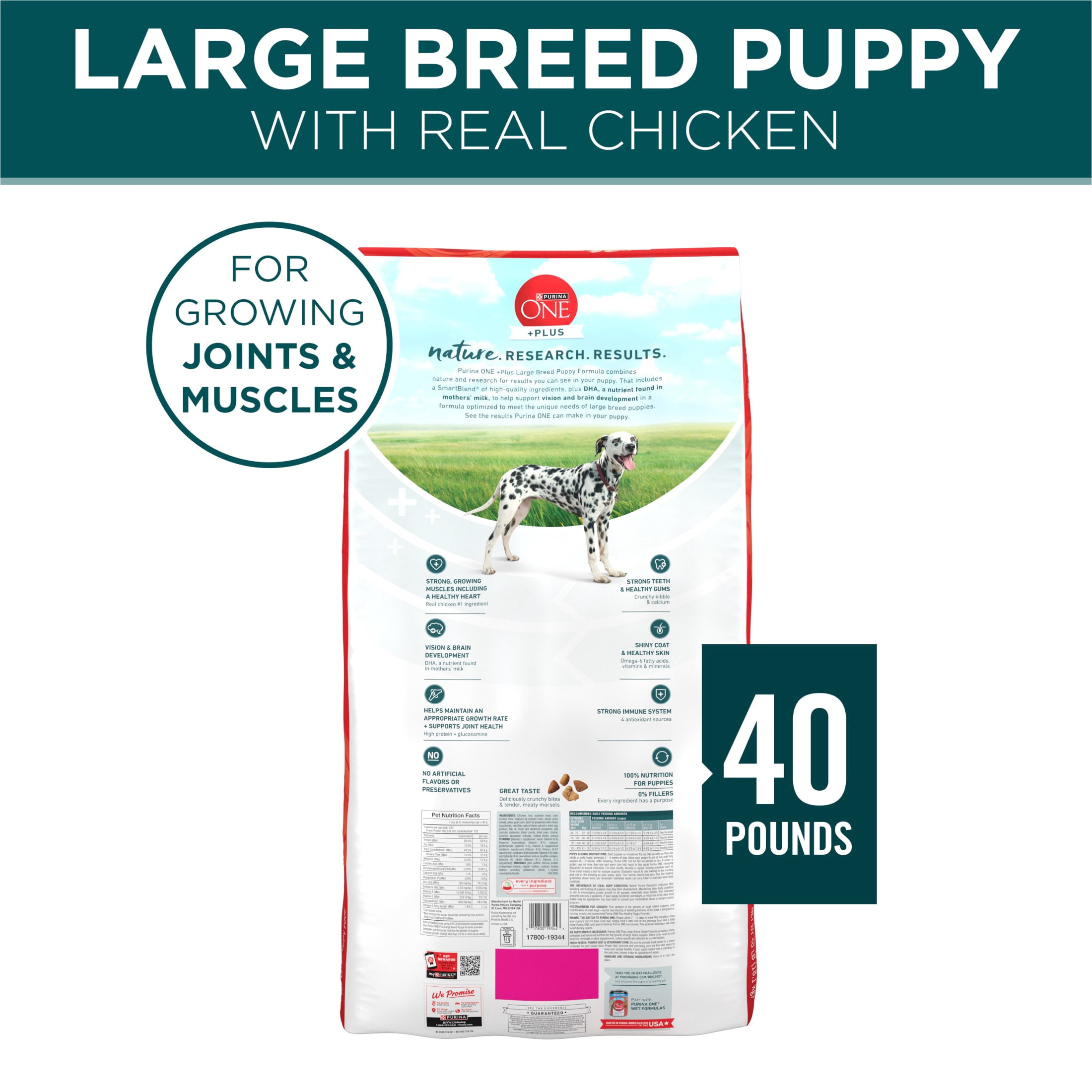 Purina One Plus Puppy Dry Dog Food for Large Dogs High Protein Growth Support, Real Chicken, 40 lb Bag
