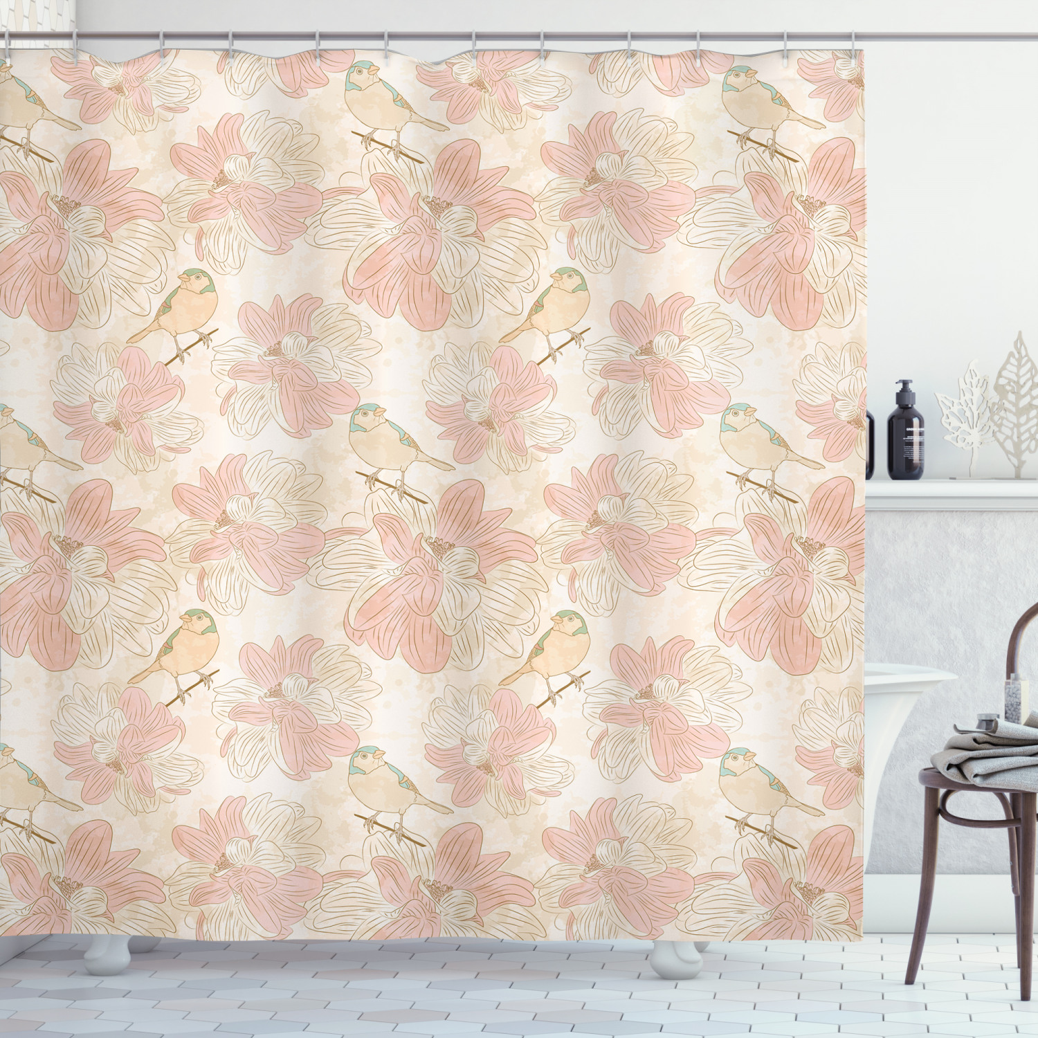 Botanical Shower Curtain, Birds on Branches and Blooming Vintage