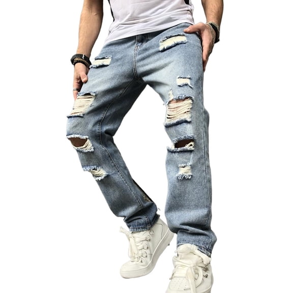 Reppunk Vintage Distressed Loose Men Washed Blue Denim Pants Stylish Men's Ripped Hole Straight Biker Jeans Male Trousers Menswear Underwear