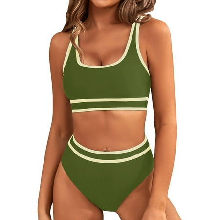 BUIgtTklOP Women s High Waisted Bikini Sets Sporty Two Piece Swimsuits Color Block Cheeky High Cut Bathing Suits