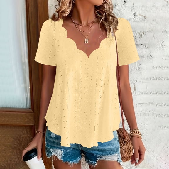 ZunFeo Womens Yellow Boho Eyelet Top, Embroidered Scalloped V-Neck Tunic Blouse Flowy Loose Fit Summer Short Sleeve Plus Size,Size 4XL