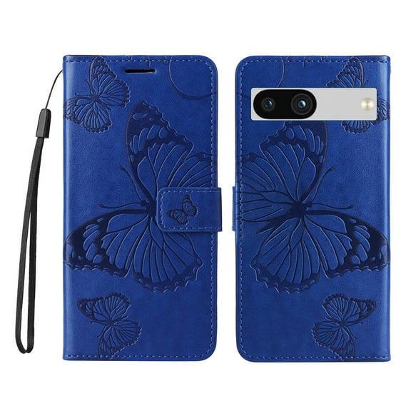 Allytech Google Pixel 7a Case Wallet, PU Leather Big Butterfly Embossed Shockproof Cards Holder Hand Wrist Protective Flip Stand Cover Wallet Case for Goolge Pixel 7a - Blue