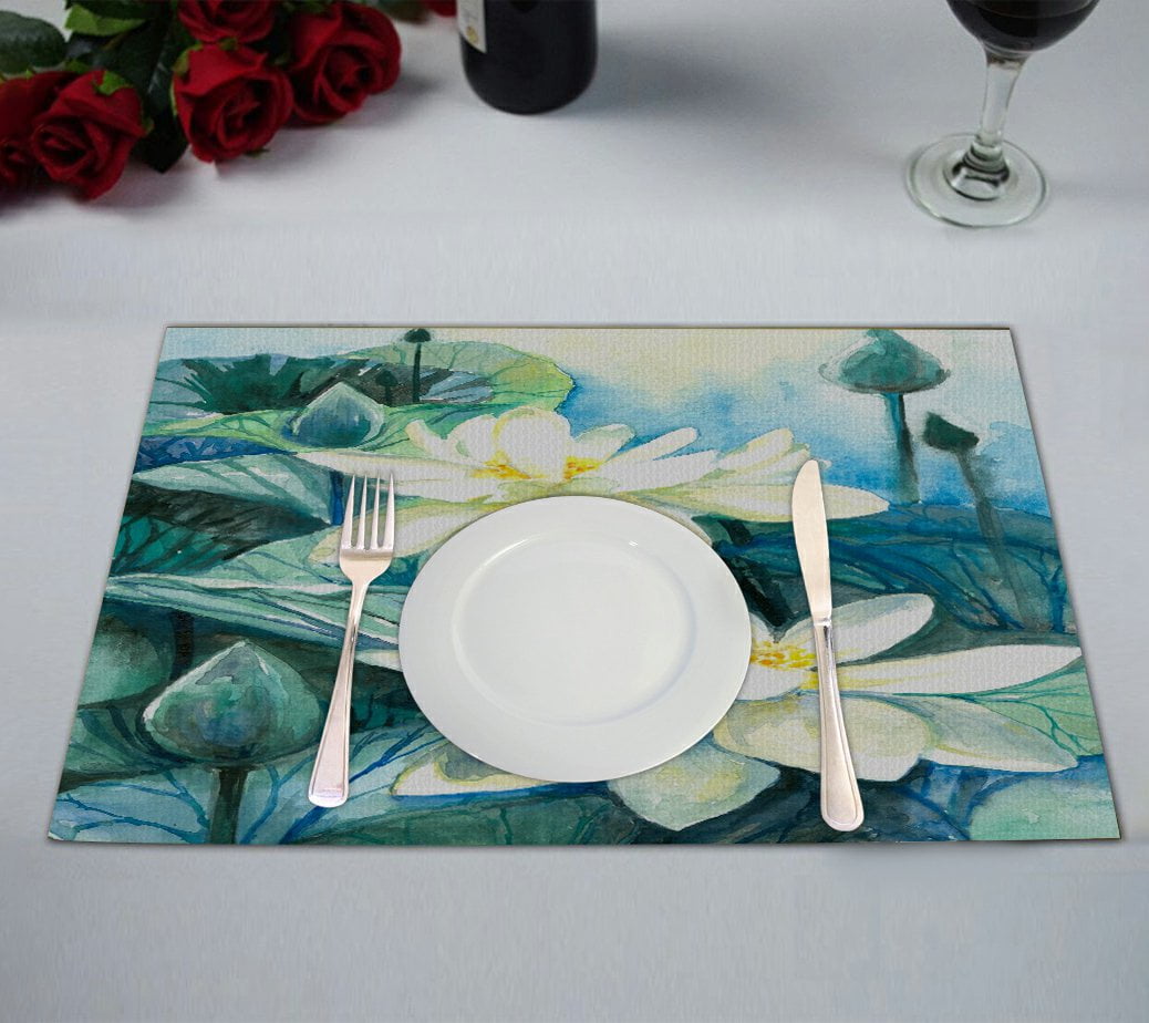 GCKG Oil Painting Floral Placemat, White Lotus Flower Placemat 12x18
