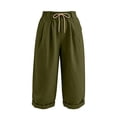 thumbnail image 6 of Capri Pants for Women Linen Wide Leg Loose Fit with Drawstring Elastic Waist Casual Summer Cuffed Pants with Pockets, M, 6 of 6
