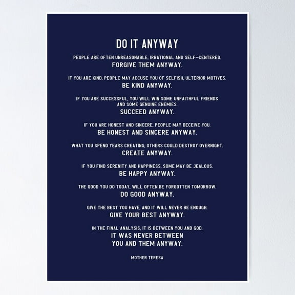 Do It Anyway By Mother Teresa Poster- Unframed Poster | Wall Art | Perfect For Home Decor & Gifts, 8x12