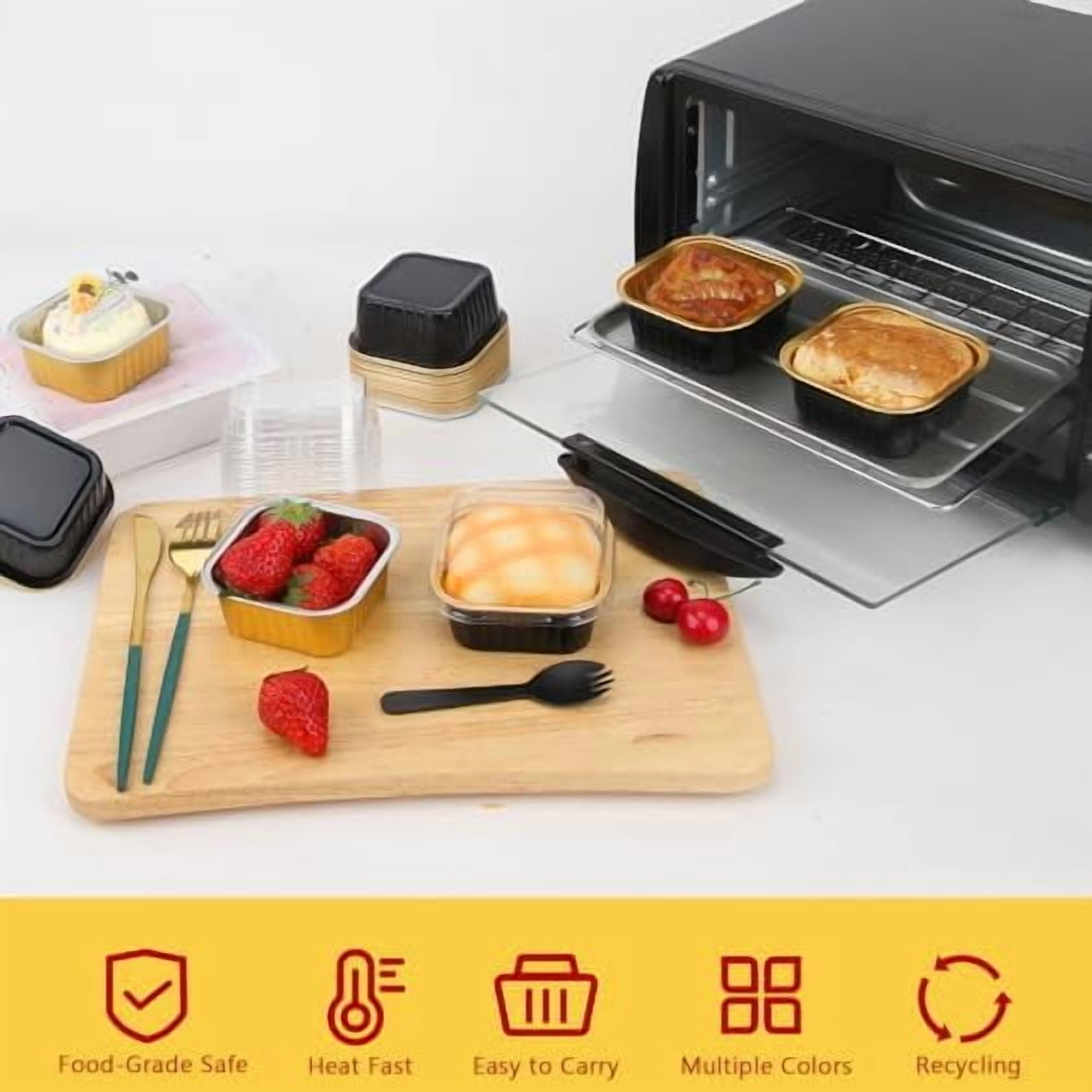 5oz/80pack Mini Cake Pans with Lids, Disposable Ramekins Muffin Tins Cupcake Baking Cups,Small Aluminum Foil Brownie Baking Pan Containers Mini Cheesecake Holders-Black