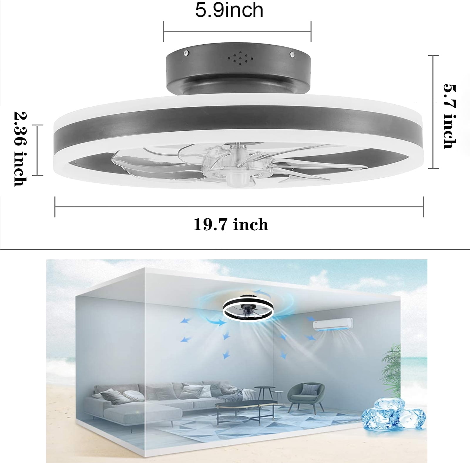 JLPAN Ceiling Fans with Lights, Low Profile Flush Mount Modern Bladeless Ceiling Fan and Remote Control, 19.7" Dimmable LED 3 Colors and 6 Speeds - Black