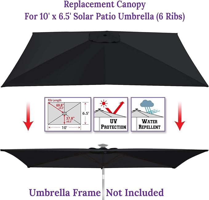SOLAXO 6-Rib 10'x6.5' Solar Patio Umbrella Replacement Canopy cover for Outdoor