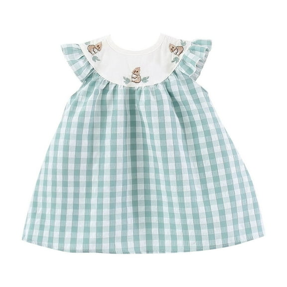 THDHVS Girls Casual Dresses,Toddler Baby Girl Dress Linen Ruffle Sleeveless Casual Dress Kids Solid Floral Summer Beach Sundress Blue 12-18 Months