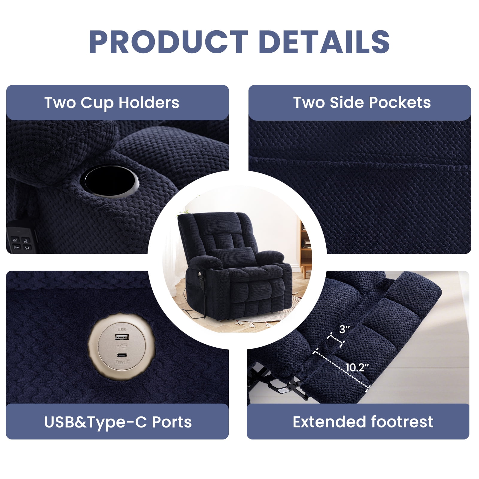 Oversized Power Lift Recliner Chair for Adults with Massage and Heat, Infinite Position Lay Flat Lift Chair for Elderly/Seniors, One-Touch Reset, USB&Type-C, Cup Holders, Lumbar Pillow, Blue