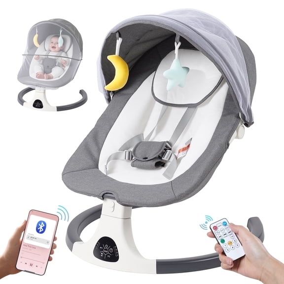 SACVON Baby Swing with Bluetooth Music and Remote Control, 5 Adjustable Settings, Portable, Suitable for Indoor and Outdoor Use,Dark Gray