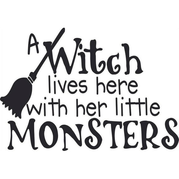 A Witch Lives Here With Her Little Monsters Wall Sticker Art Design Decal for Girls Boys Kids Room Bedroom Nursery Kindergarten House Fun Home Decor Stickers Wall Art Vinyl Decoration (18x20 inch)