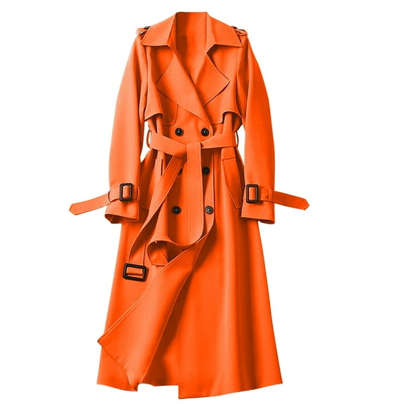 XUNKUSGA Long Trench Coat Women Double Breasted Windproof Coats for Women Classic Lapel Coller Overcoat for Women with Belt Comfortable Casual Winter Clothing for Women S-3XL Orange