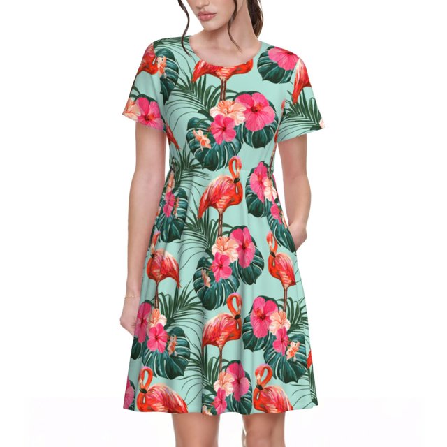 Disketp Palm Leaves Flamingo para Vestido de Manga Corta para Mujeres, Vestidos de Verano para Mujeres, Casual y Holgado para la Playa
