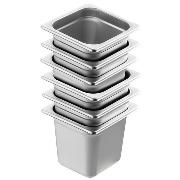 KFFKFF Set of 6 Hotel Pans, 1/6 Size with Anti-Jam Feature, 0.8mm Durable Stainless Steel, 6-Inch Depth for Commercial Table Use, Ideal for Catering and Food Storage
