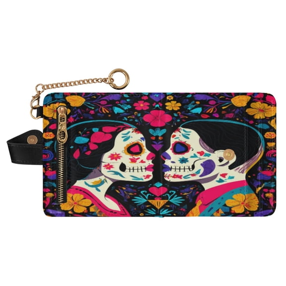 Small Wallet For Women Bifold Leather Pocket Coin Credit Card Holder With RFID Blocking Two Sugar Skull