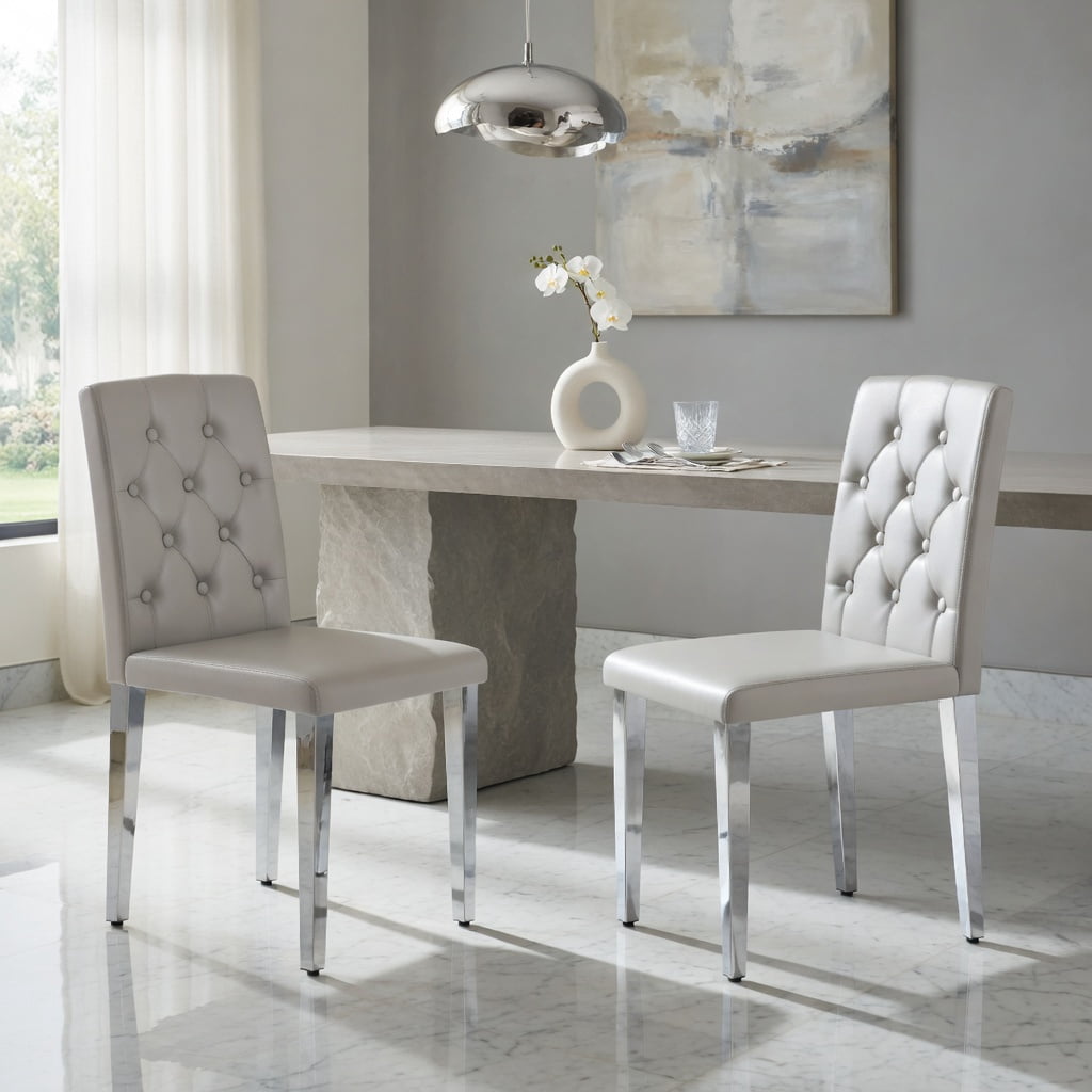 Hommoo 2-Pack PU Dining Chairs with Ergonomic Buckle Backrest, 35" Height, Modern Metal Frame, Easy-Clean Upholstery for Home & Commercial Use, Light Gray & Sliver