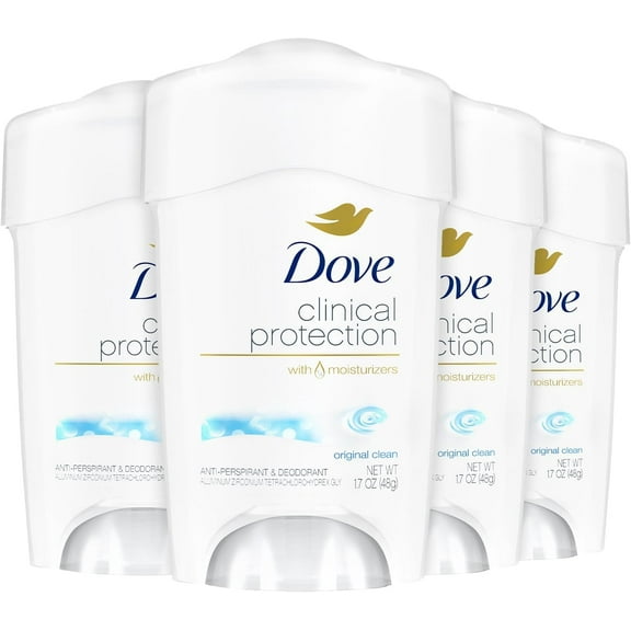 Dove Deodorant for Women, Clinical Protection Antiperspirant, Original Clean 4-Pack – Prescription Strength Wetness Protection with ¼ Moisturizers, 1.7 Oz Ea