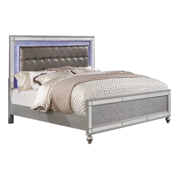 Benjara Contemporary Button Tufted Eastern King Bed with Ornate Bun Feet-Silver
