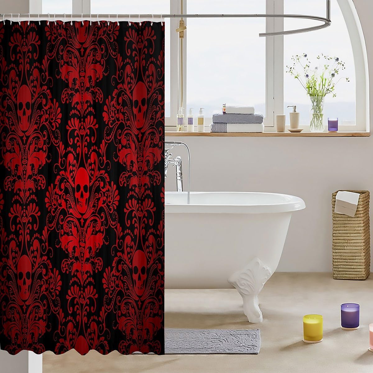 Adults Red Damask Shower Curtain Antique Victorian Baroque Bath Curtain 72" Wx84 L,Vintage Floral Exotic Sugar Skull Waterproof Bathroom Curtains,Gothic Bone Skeleton Bohemian Decor,Black