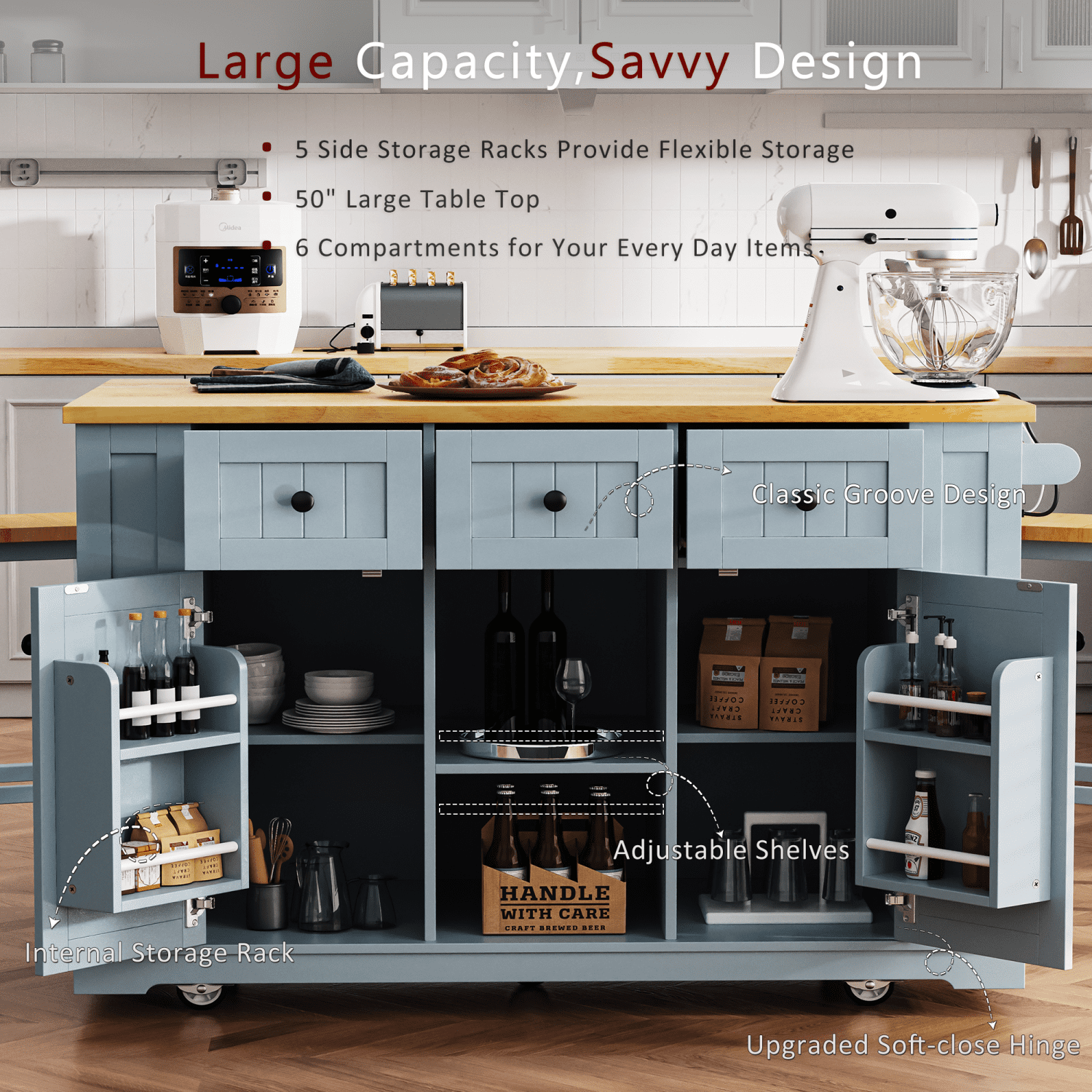 Harper & Bright Designs Large Kitchen Island with 2 Bar Stools and Power Outlet, Kitchen Storage Cart on 5 Wheels with Drop Leaf and Door Internal Storage Rack & 3 Drawers, Grey-Blue
