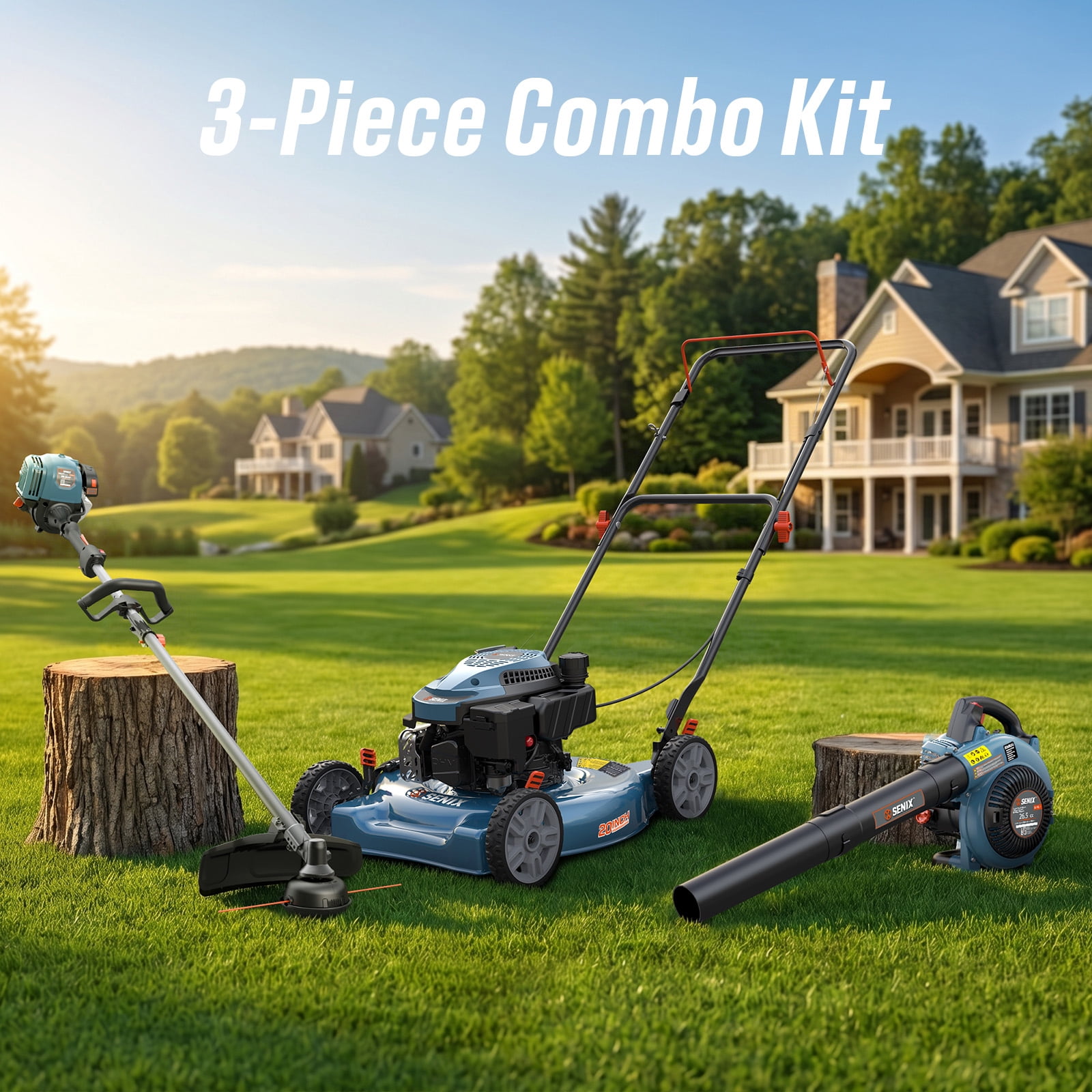 SENIX 3-Tool Combo Kit w/ LSPG-L5, GTS4QL-L, BL4QL-L: 144cc 20-Inch Gas Push Lawn Mower, 26.5cc 4-Cycle 410 CFM Leaf Blower & 17-Inch String Trimmer