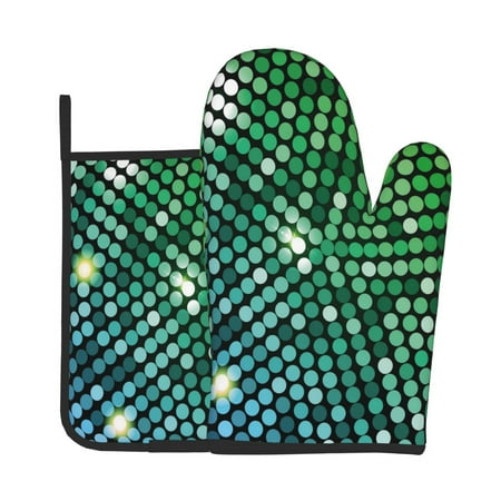 

Junzan Green Disco Lights Pattern Oven Mitts and Pot Holders 2 pcs Set Potholders BBQ Gloves Long Kitchen Oven Glove for Cooking Baking Grilling (2-Piece Set 11 Inch)