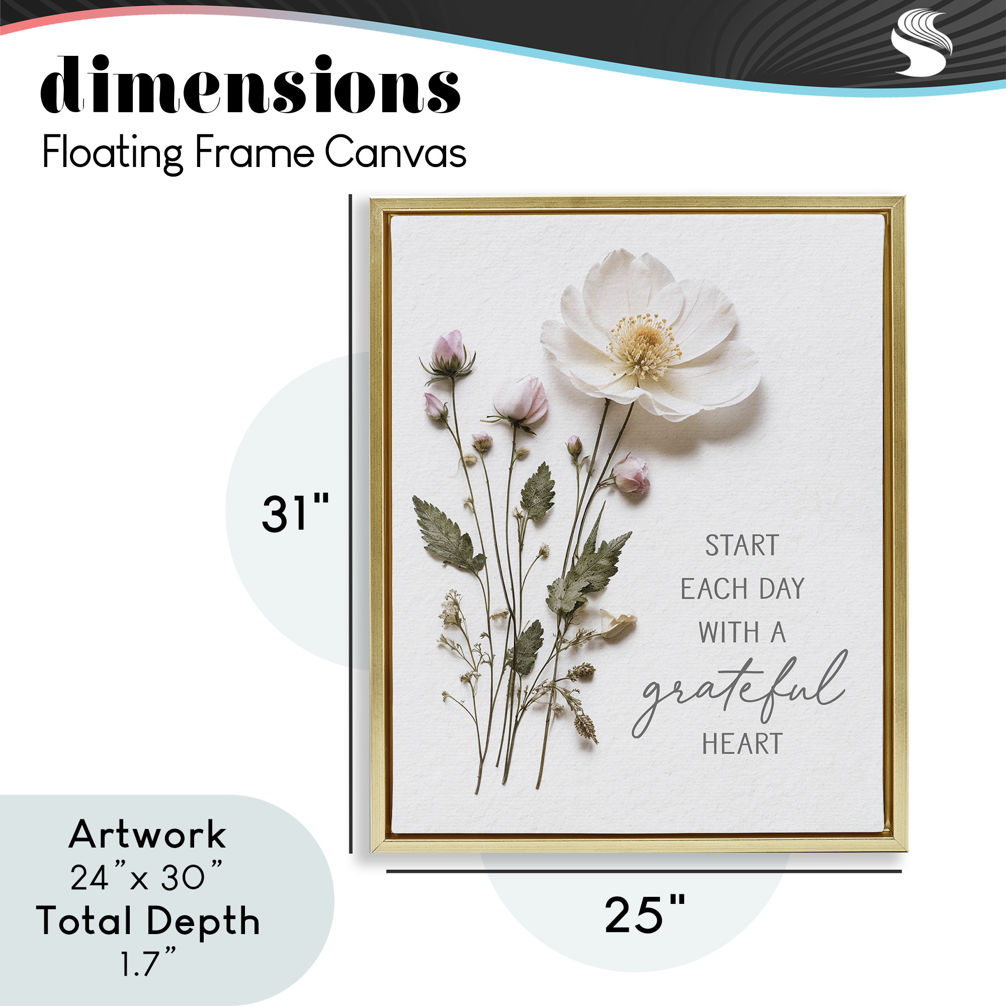 Grateful Heart Pressed Flowers Gold Framed Floater Canvas Wall Art, design by Lettered and Lined