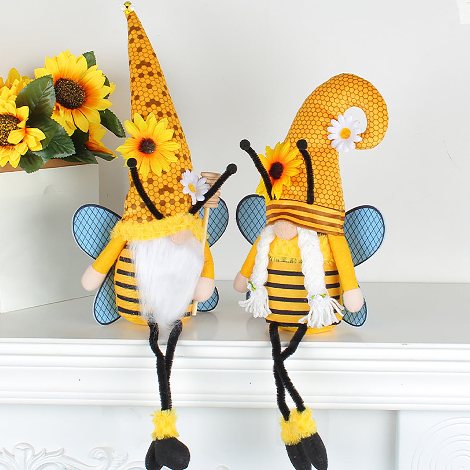 Fabric Sitting Bumblebee Gnomes with LED Body Table Decor, Set of 2