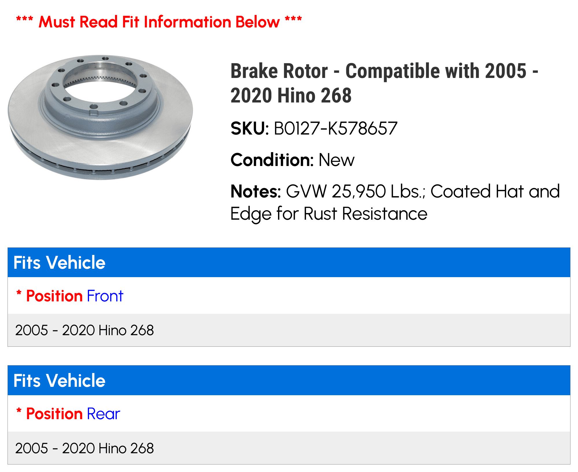 Brake Rotor - Compatible with 2005 - 2020 Hino 268 2006 2007 2008 2009 2010 2011 2012 2013 2014 2015 2016 2017 2018 2019