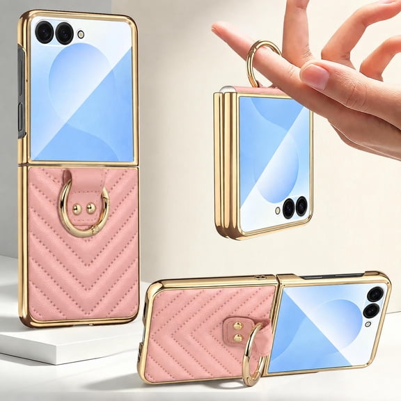 Lunvic for Samsung Galaxy Z Flip 8 Case, Built-in Screen Protector, Portable Ring Holder Gold Electroplated Quilted Leather Cover, Pink