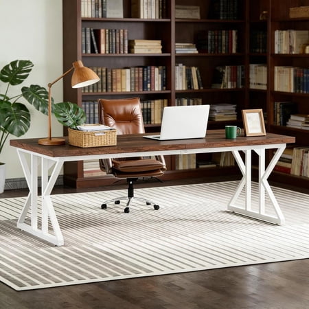 Toauuo Rustic Spacious Office Desk - Two-Person Double Computer/Writing Desk, Large Desktop for Dual Monitors, Heavy Duty Particleboard Metal Frame, Adjustable Stability Pads