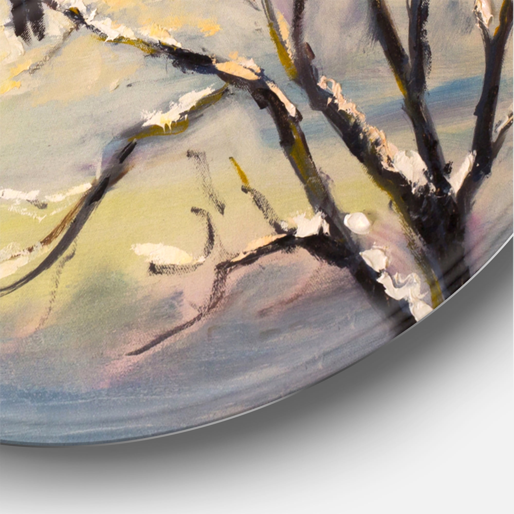 Designart 'Rustic Birds Sitting On A Tree In Winter Village' Farmhouse Circle Metal Wall Art 29x29 - Disc of 29