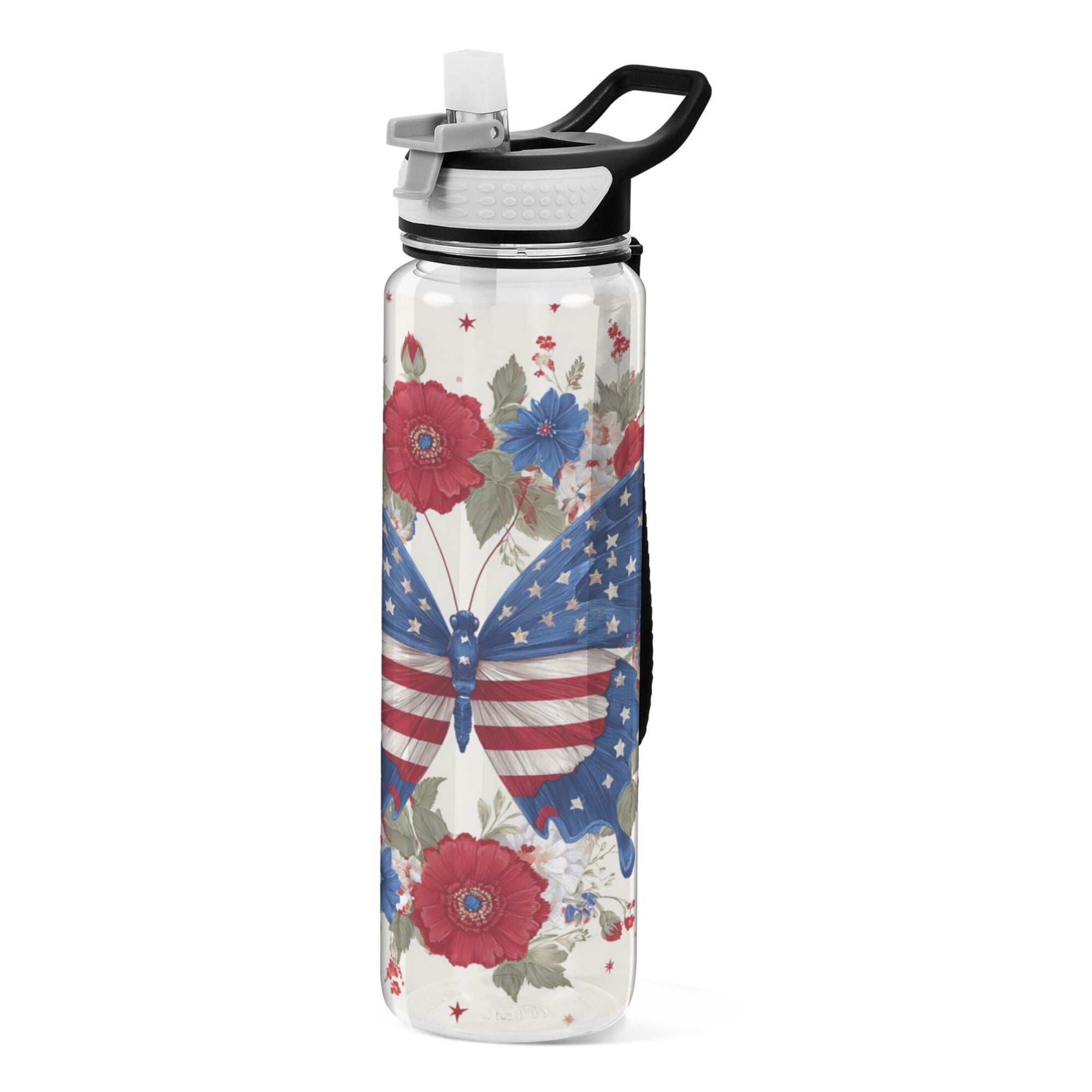1000ML Transparent Sports Water Bottle with Handle & Straw Portable Water Bottle for Outdoor Camping Gym Butterflies and Decorative Flowers