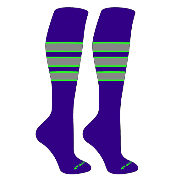 MK Socks Striped Knee High Baseball, Football Socks (C) Purple, Neon Green, Grey