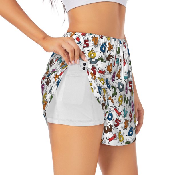 Balery Colorful Numbers Pantalones cortos deportivos para mujer con forro y dos bolsillos, elásticos, para entrenamiento, gimnasio, yoga-XX-Large