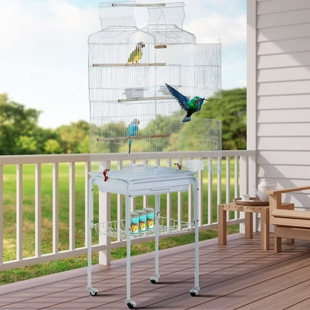Bird Cage with Stand Parrot Cages for Large Birds Parakeet Cage with Play Top & Rolling Stand for Medium Canaries, Lovebirds, Cockatiels, Parrots, White
