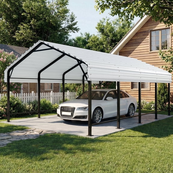 Walsunny 12X20ft Steel Carport, Outdoor Heavy Duty Carport Canopy with Galvanized Steel Roof, Metal Carport Extra Large Garage Car Storage Shelter, White