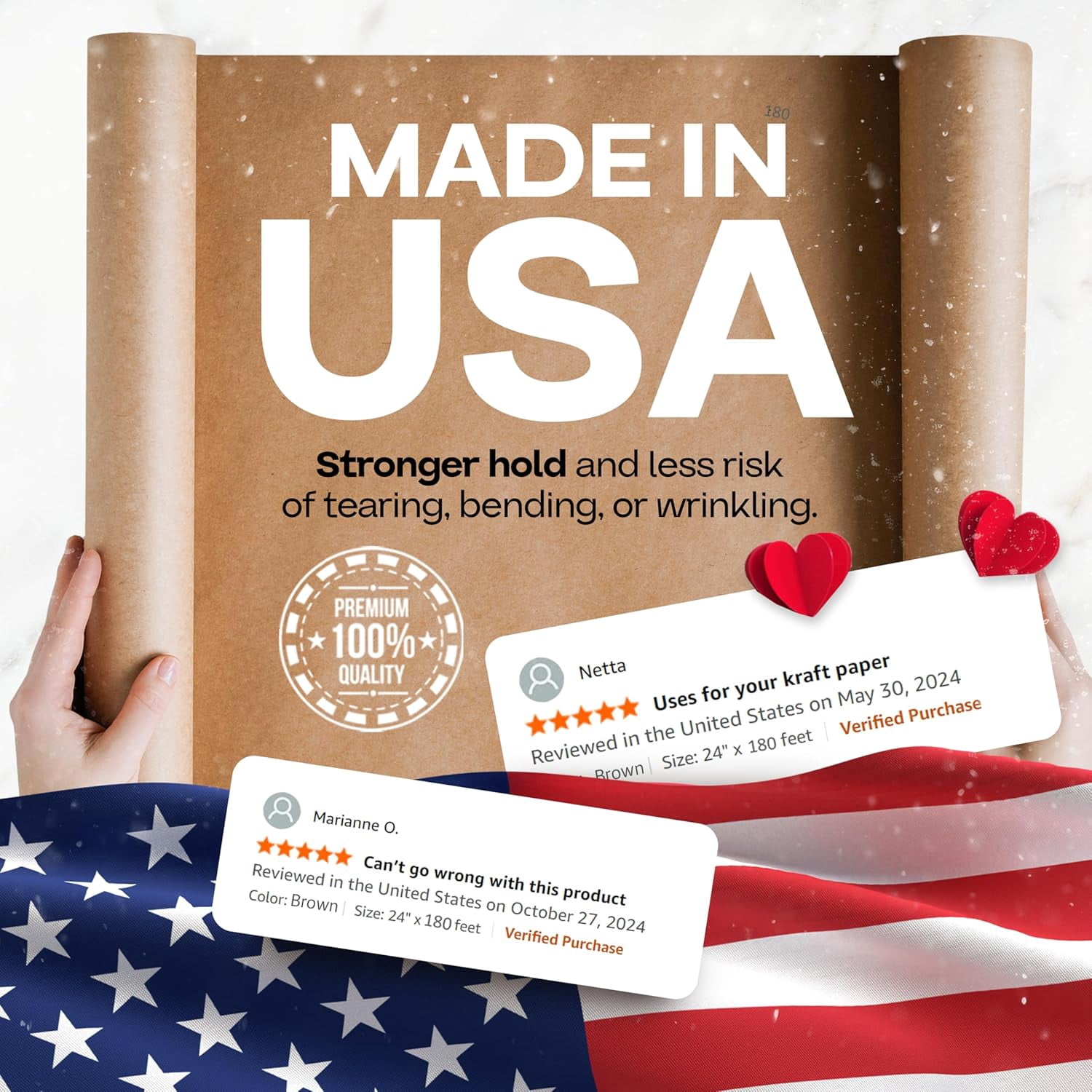 IDL Packaging Romantic Valentine’s Day Gift Wrapping Paper, Set of 2 Rolls, 36"x1200" (100 feet) - USA-Made Elegant Kraft Paper Rolls
