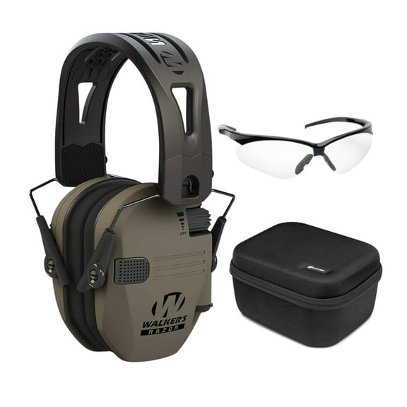 Walkers Razor Tacti-Grip with Rubber Headband (Flat Dark Earth) Bundle with Shooting Glasses and Hard Case (3 items)