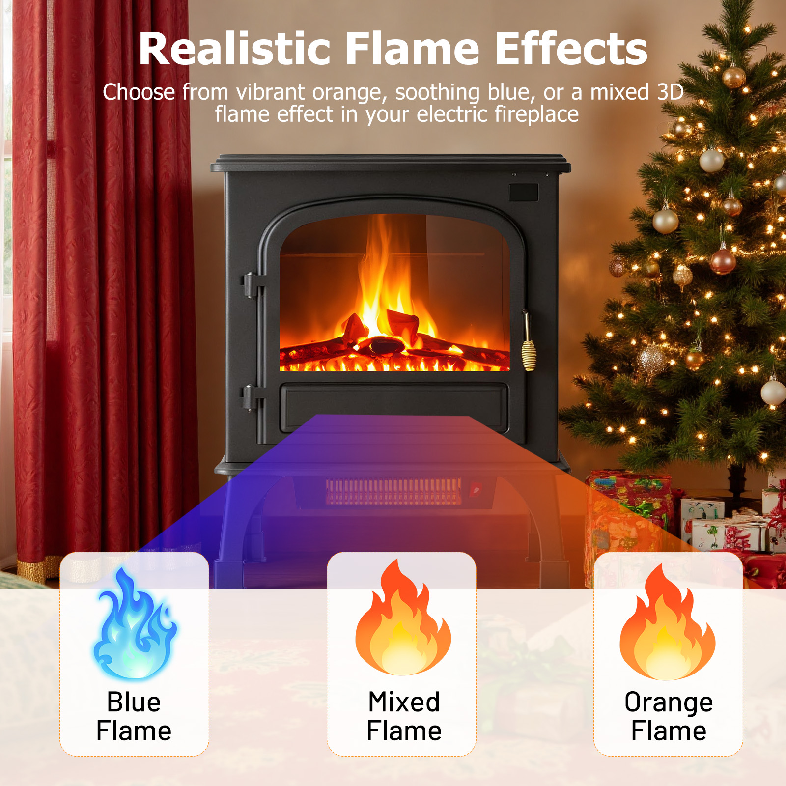 Atilioo 26" Electric Fireplace Stove, Freestanding 3D Flame Energy Saving Space Heater with Remote, Overheating Protection, 12H Timer, Single Door, Black Metal