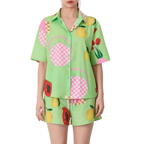 Michellecmm  Women Summer Set, Fruit Print Short Sleeve Shirt Drawstring Shorts