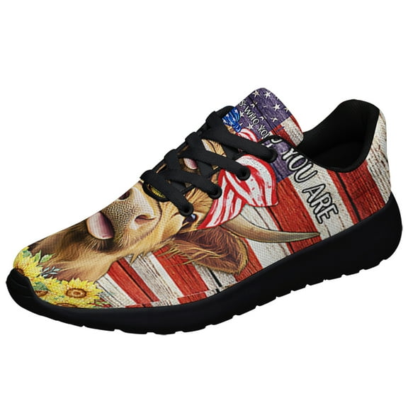 Happy 4th Of July Sunflower Highland Cow American flag Shoes Sneakers Black Size 3.5